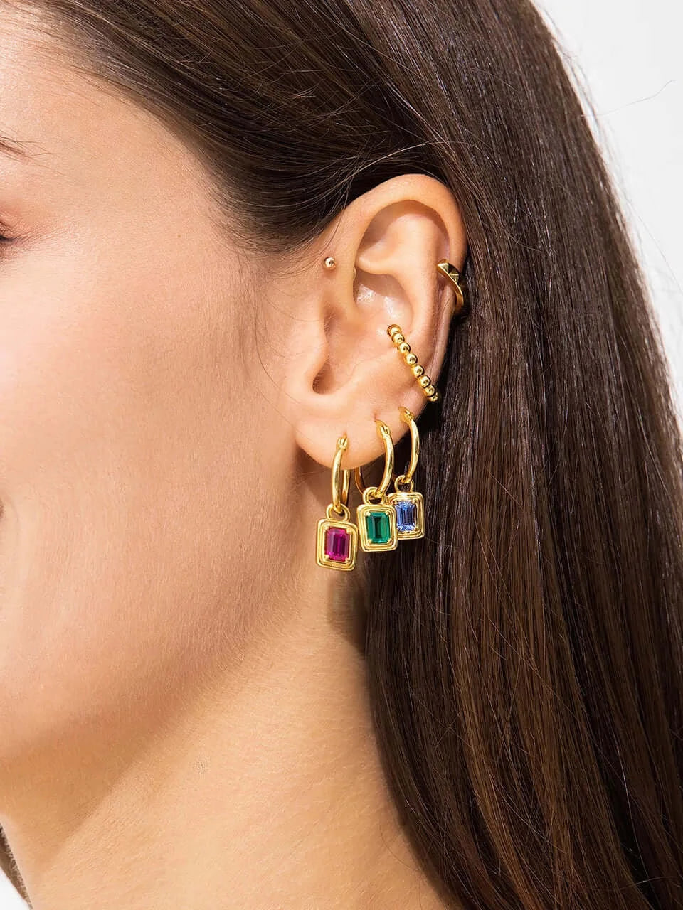Emerald cut Lab Grown Ruby Hoop Earrings