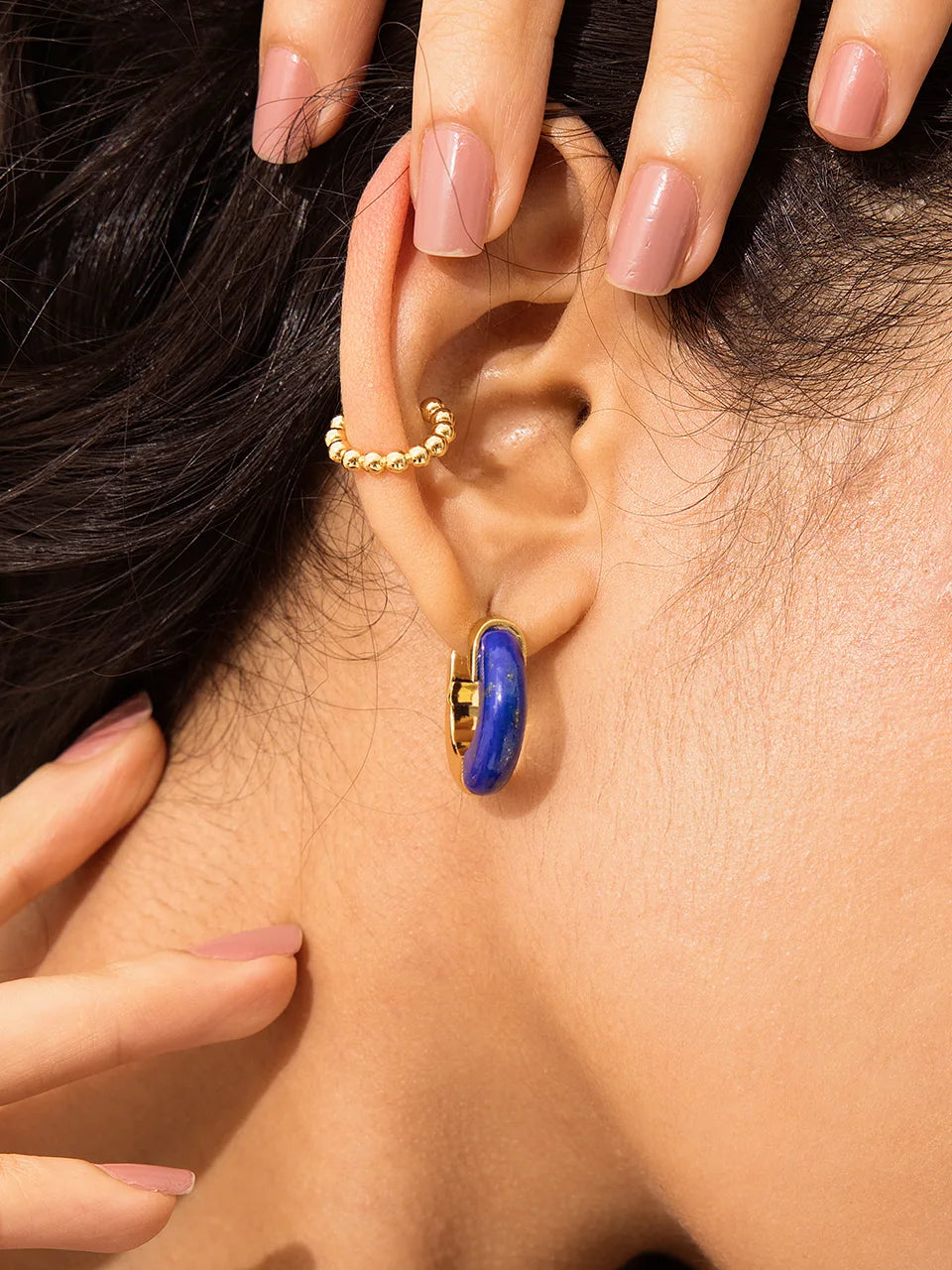 Lazurite Two-Tone Hoop Earrings
