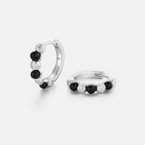 Black Onyx Beaded Silver Hoop Earrings