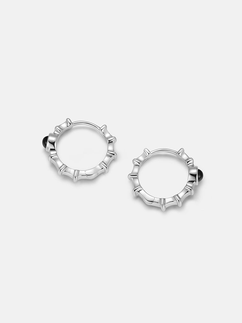 Black Onyx Ridge Hoop Silver Earrings