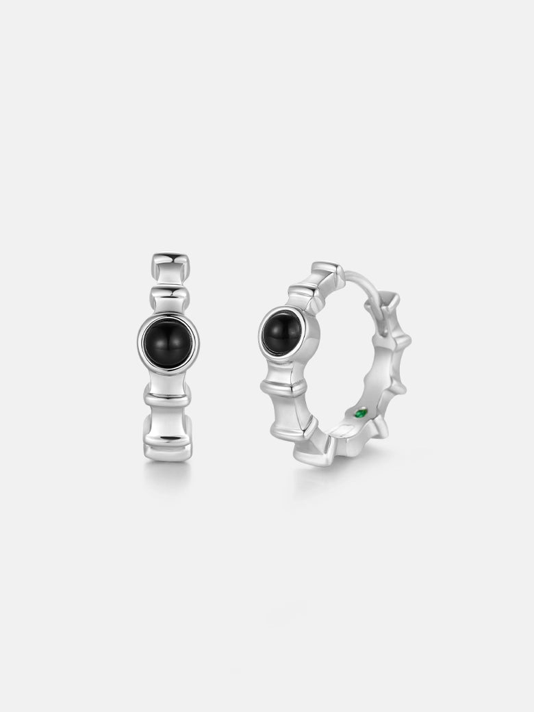 Black Onyx Ridge Hoop Silver Earrings