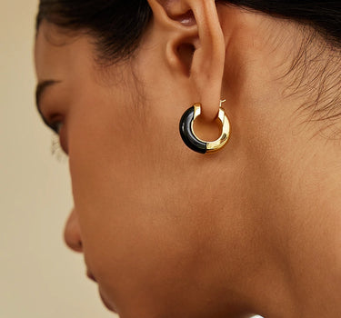 Black Onyx Two-Tone Hoop Earrings