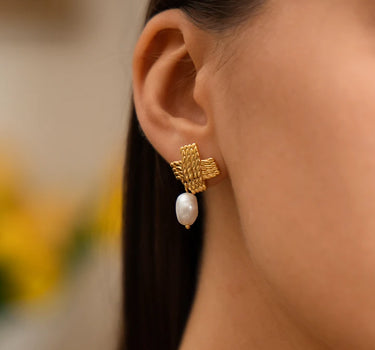 Cross Twist Texture Pearl Dangle Earrings