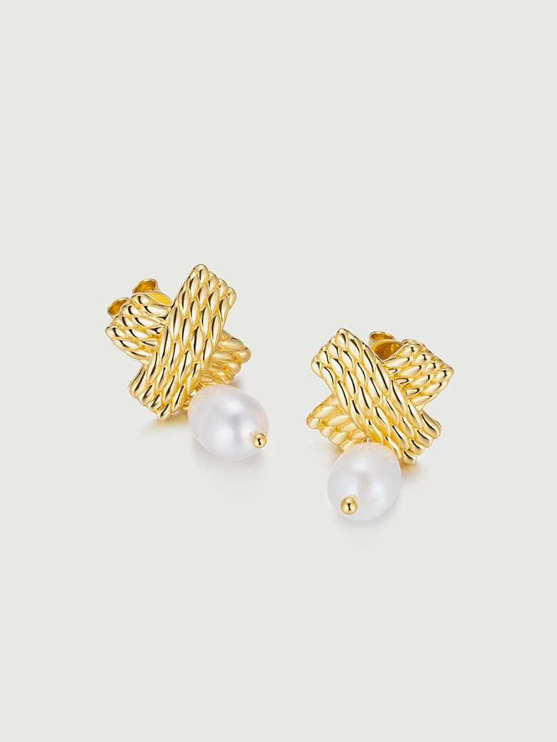 Cross Twist Texture Pearl Dangle Earrings