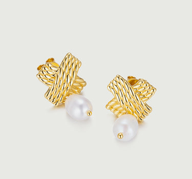 Cross Twist Texture Pearl Dangle Earrings