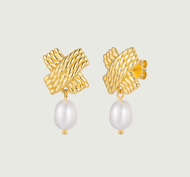 Cross Twist Texture Pearl Dangle Earrings