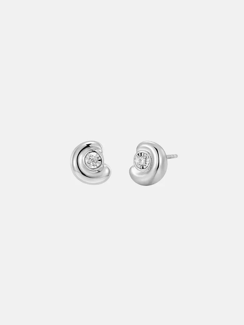 Diamond Arc Silver Stud Earrings featuring a delicate arc design with sparkling diamonds in sterling silver.