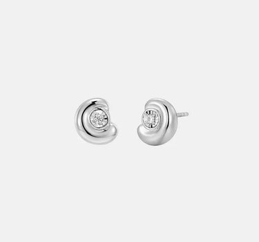 Diamond Arc Silver Stud Earrings featuring a delicate arc design with sparkling diamonds in sterling silver.