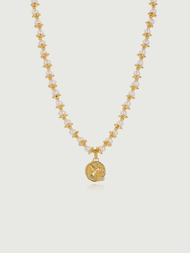 Diamond Dove Coin Pearl Necklace