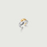 Duo Dome Ring showcasing intertwined silver and gold bands in a minimalist sculptural design.