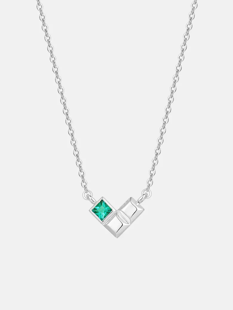 Emerald Geometric Heart Silver Necklace