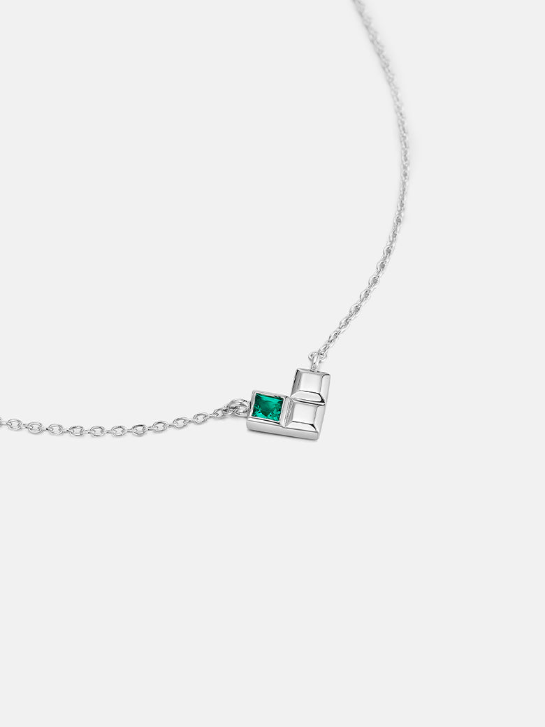 Emerald Geometric Heart Silver Necklace