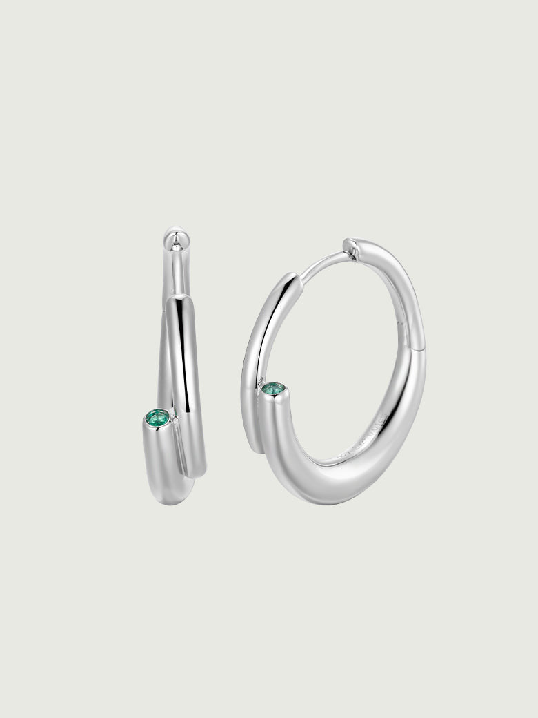 Emerald Tube Hoop Silver Earrings