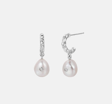 Hammered Diamond Drop Pearl Earrings