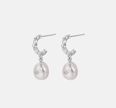 Hammered Diamond Drop Pearl Earrings