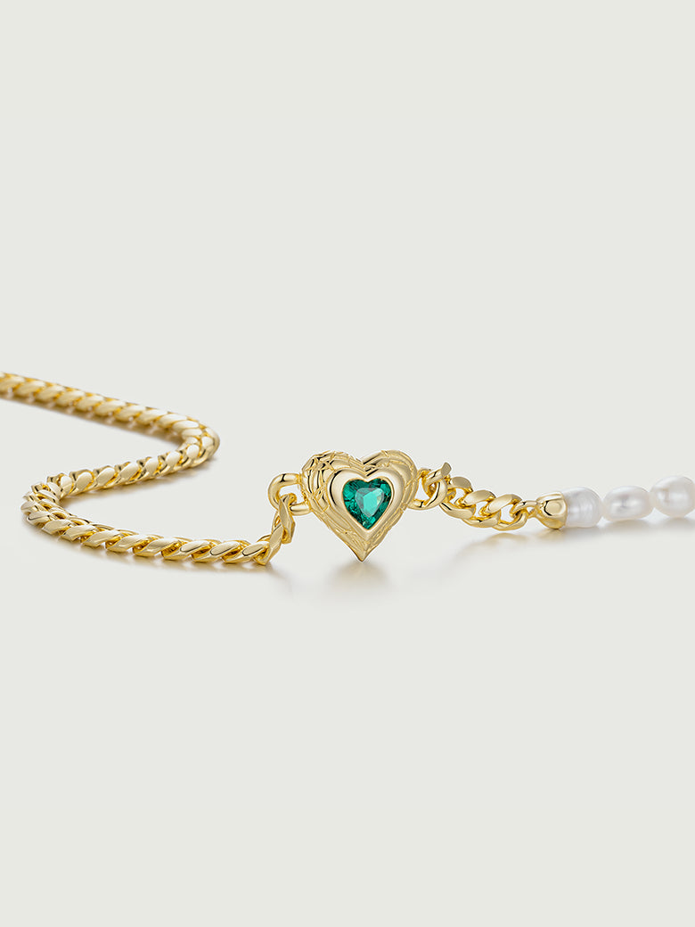 Heart Cut Lab Grown Emerald Pearl Cuban Link Chain