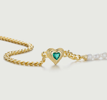 Heart Cut Lab Grown Emerald Pearl Cuban Link Chain
