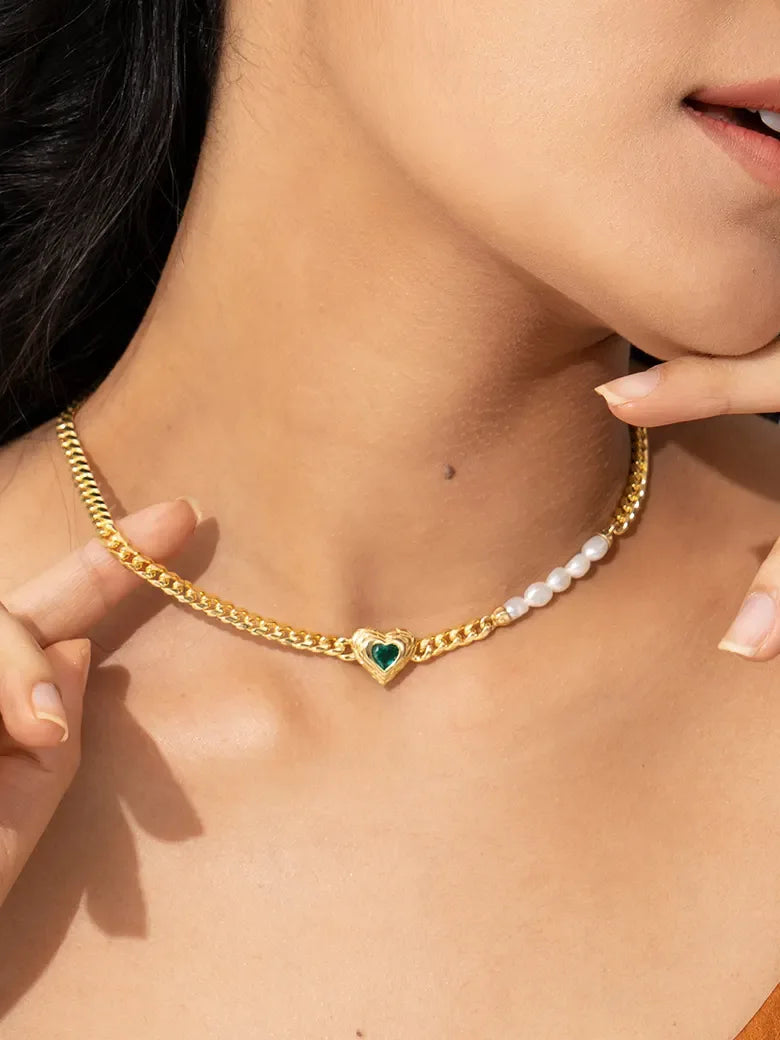 Heart Cut Lab Grown Emerald Pearl Cuban Link Chain