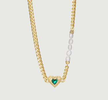 Heart Cut Lab Grown Emerald Pearl Cuban Link Chain
