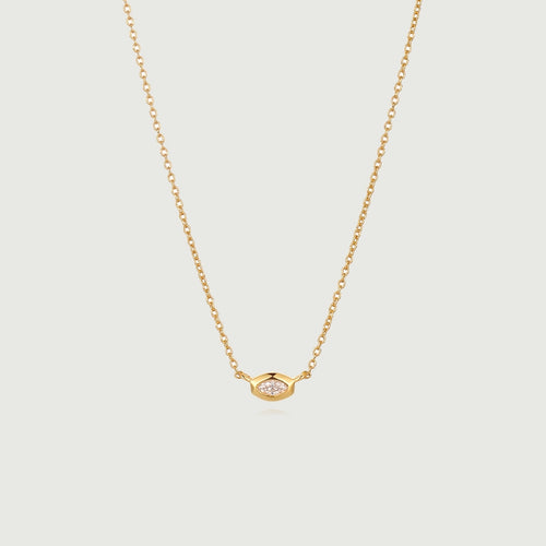 Marquise Bezel Chain Necklace featuring a sleek marquise pendant on a delicate gold chain.