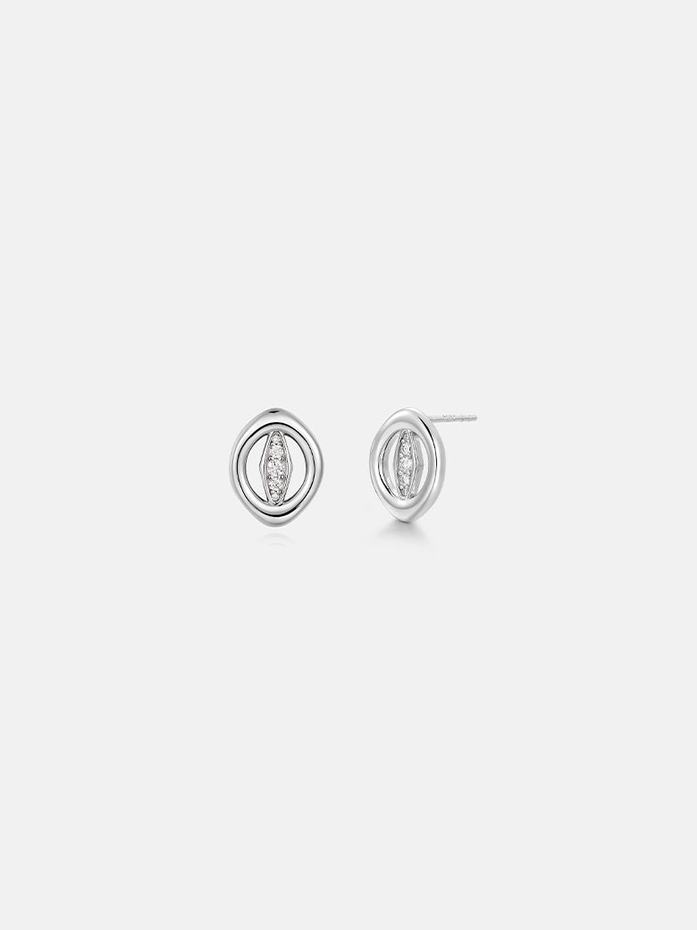 Oculus Diamond Silver Studs featuring a minimalist circular design with diamonds, crafted in sterling silver.