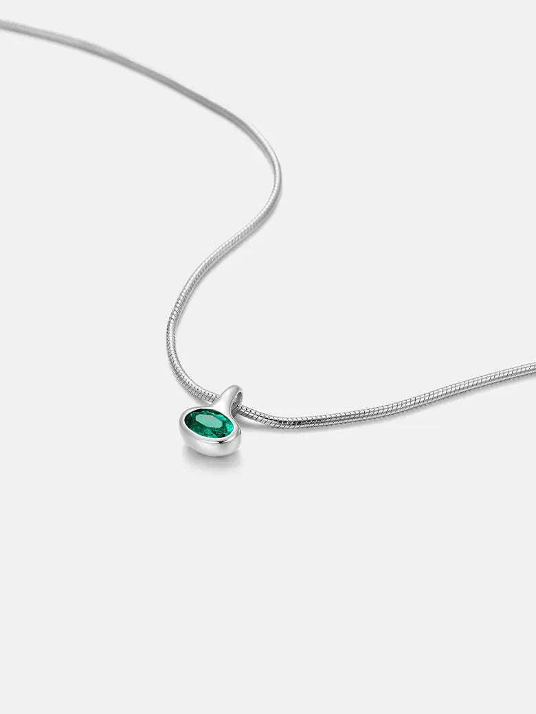 Oval Emerald Charm Silver Necklace