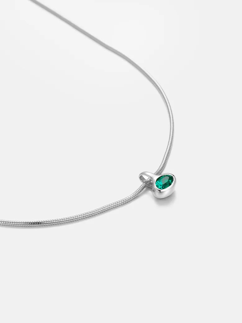 Oval Emerald Charm Silver Necklace