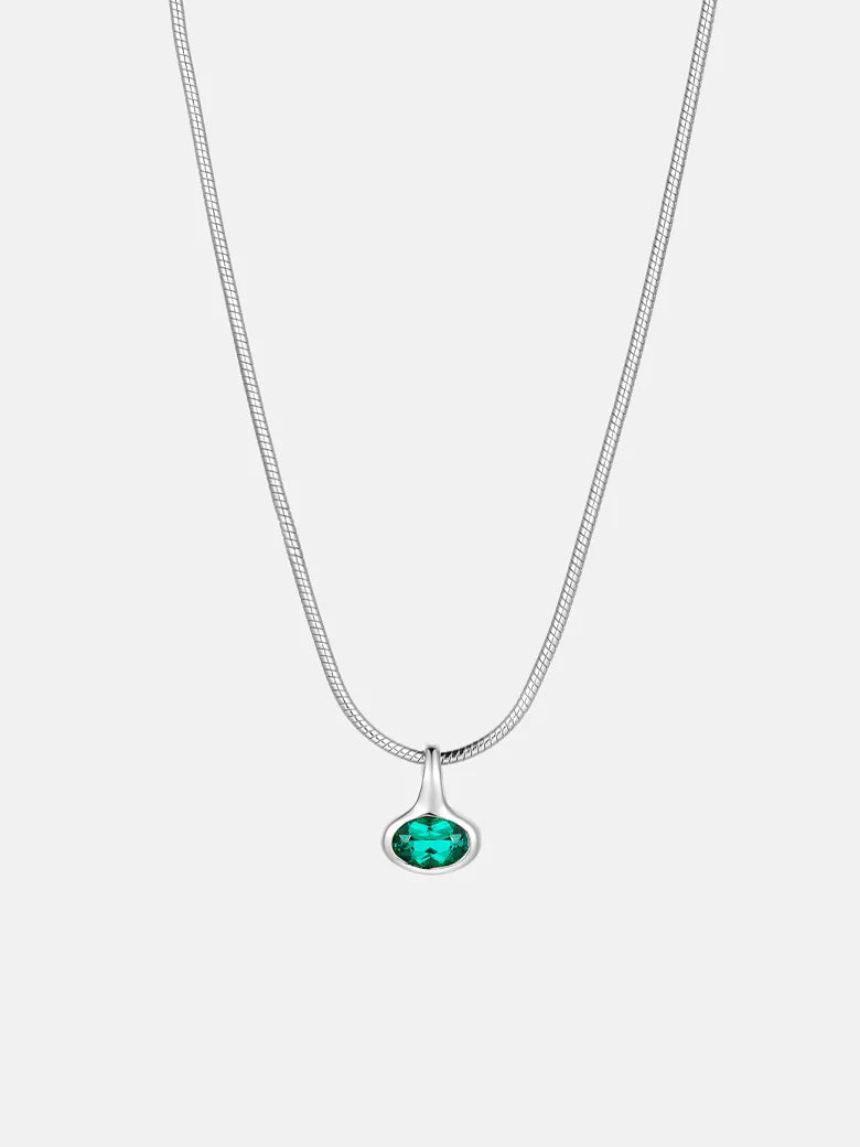 Oval Emerald Charm Silver Necklace