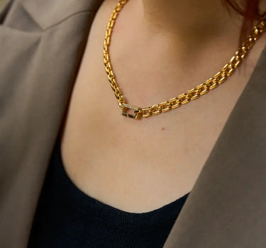 Close-up of a woman's neck showcasing Panther Link Chain Necklace