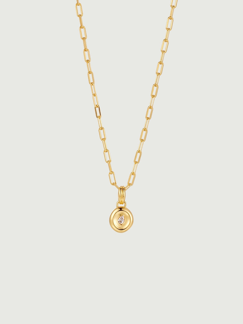 Pear Dome Pendant Necklace featuring a moissanite stone and modern paperclip chain in gold.