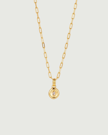 Pear Dome Pendant Necklace featuring a moissanite stone and modern paperclip chain in gold.