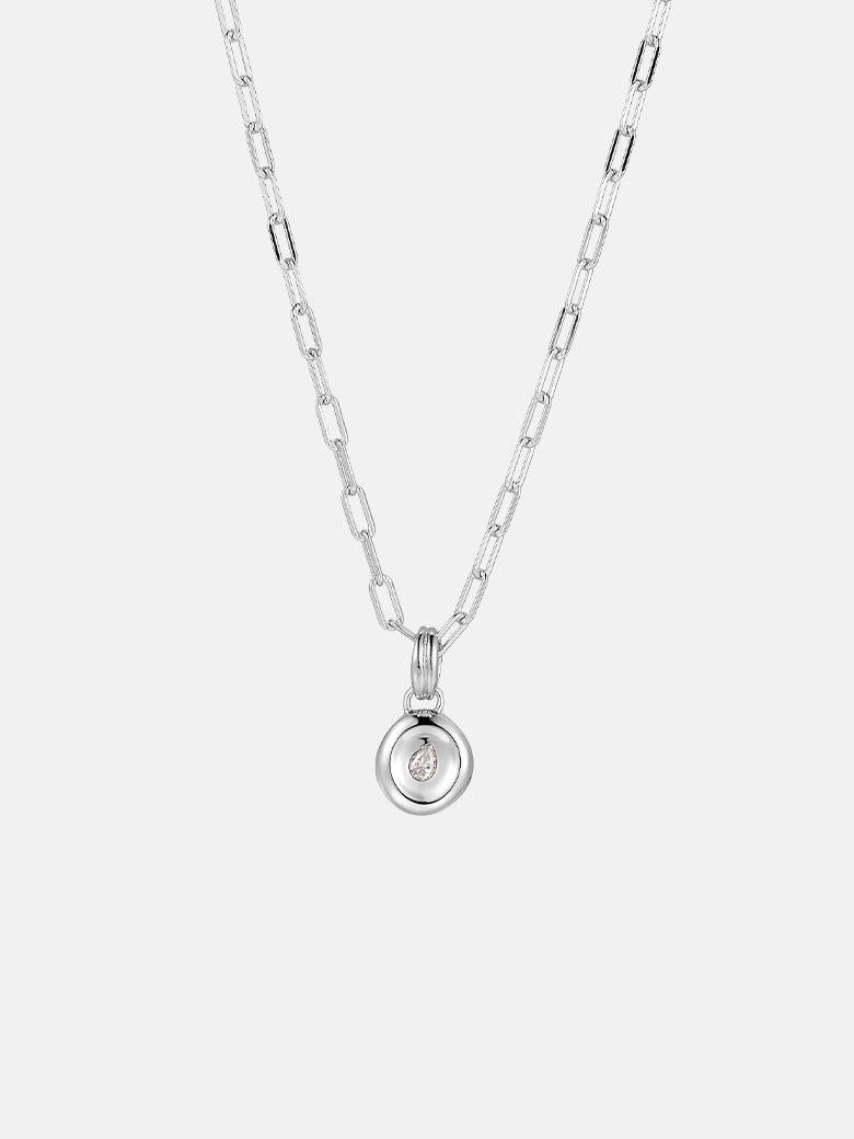 Pear Dome Silver Pendant Necklace featuring a domed pendant with moissanite on a paperclip chain.