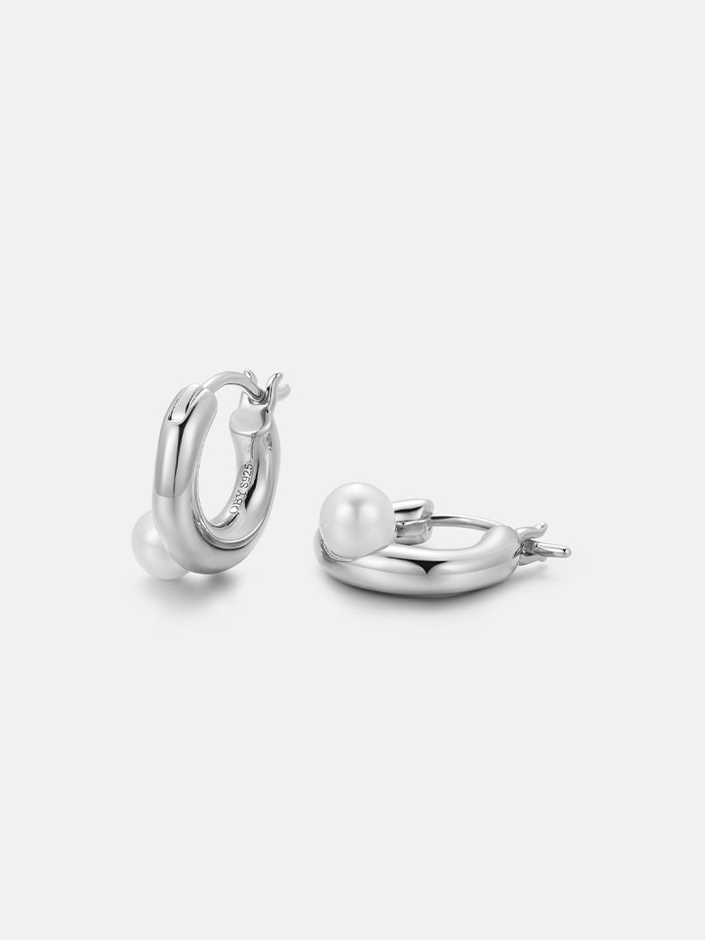 Pearl Dainty Silver Hoop Earrings-obyjewelry