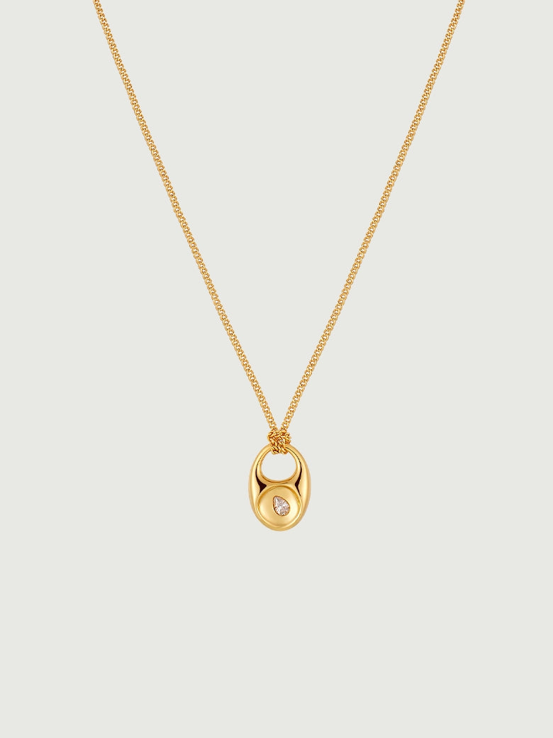 Pebble Teardrop Charm Necklace featuring a gold chain and a moissanite center stone charm, perfect for versatile styling.