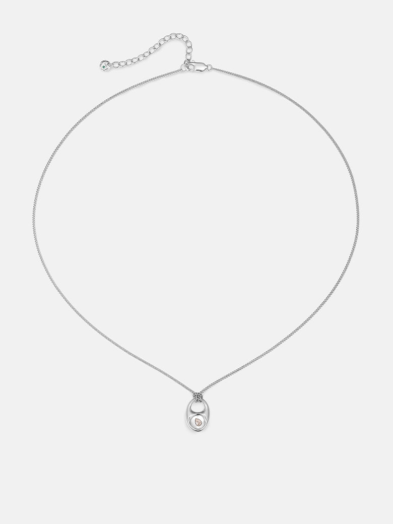 Pebble Teardrop Silver Charm Necklace displayed on a white background, showcasing its delicate design and smooth teardrop pendant.