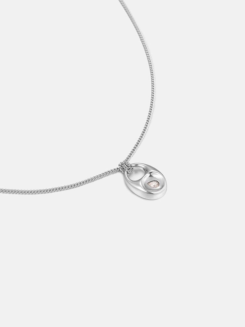 Pebble Teardrop Silver Charm Necklace featuring a smooth, organic teardrop pendant on a silver chain.
