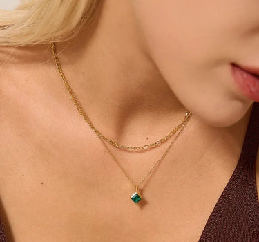 Close-up of a woman's neck showcasing Princess Cut Emerald Diamond Necklace