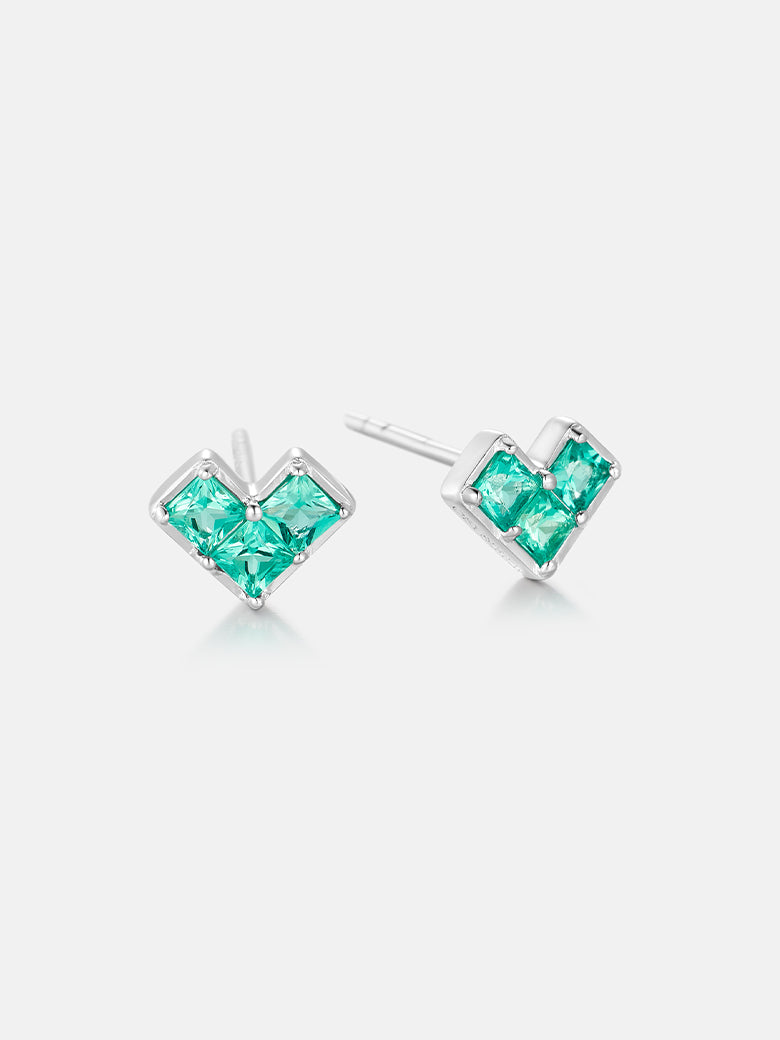 Princess Cut Emerald Heart Silver Earrings