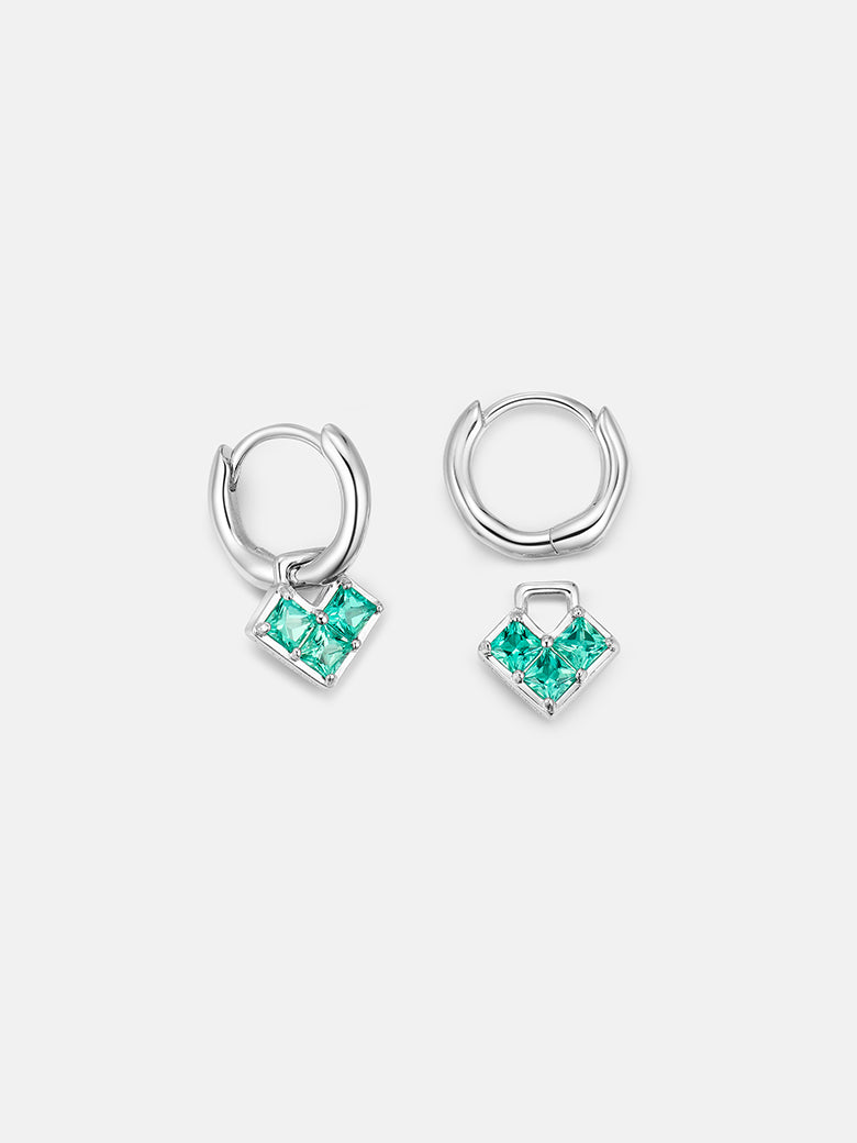 Princess Cut Emerald Heart Silver Hoop Earrings