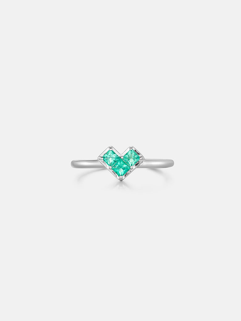 Princess Cut Emerald Heart Silver Ring