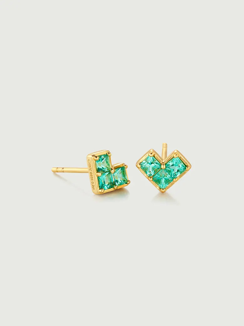 Princess Cut Emerald Heart Stud Earrings