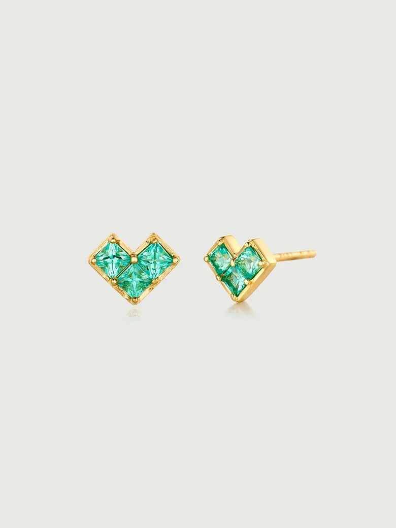 Princess Cut Emerald Heart Stud Earrings