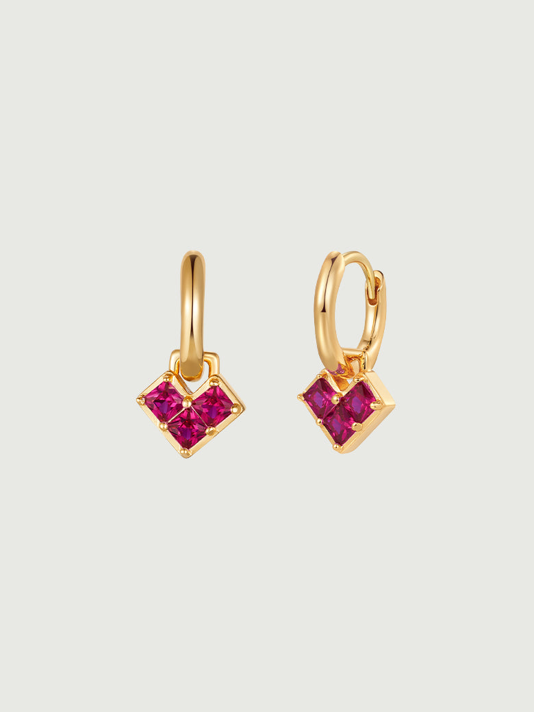 Princess Cut Ruby Heart Hoop Earrings