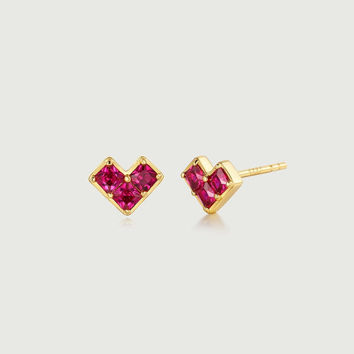 Princess Cut Ruby Heart Stud Earrings-obyjewelry