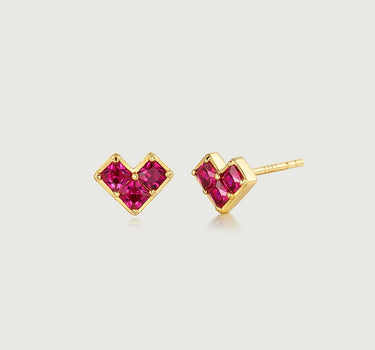 Princess Cut Ruby Heart Stud Earrings-obyjewelry