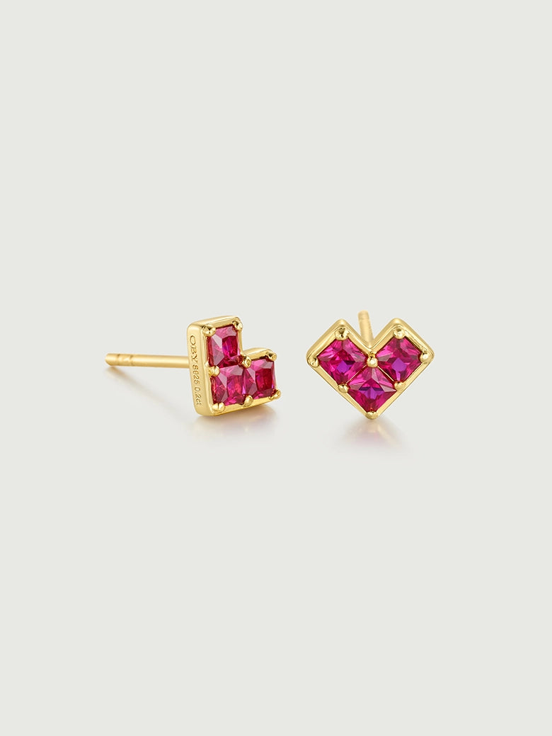 Princess Cut Ruby Heart Stud Earrings