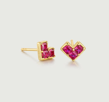 Princess Cut Ruby Heart Stud Earrings-obyjewelry