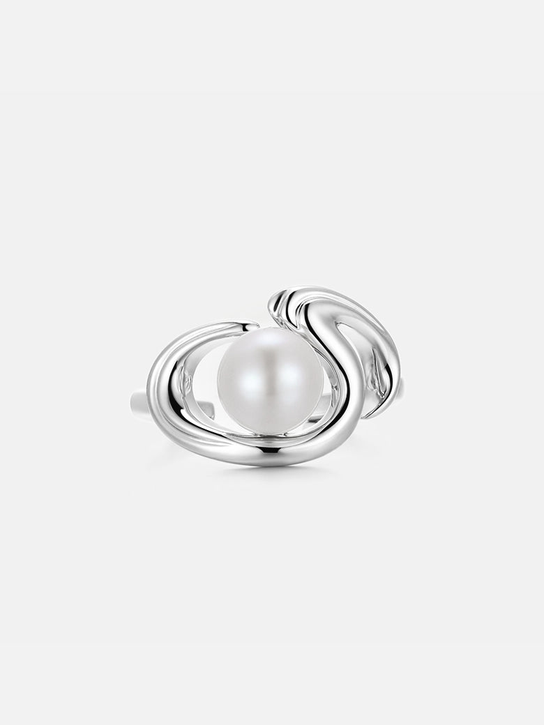 Rococo Squiggle Pearl Stacking Silver Open Ring