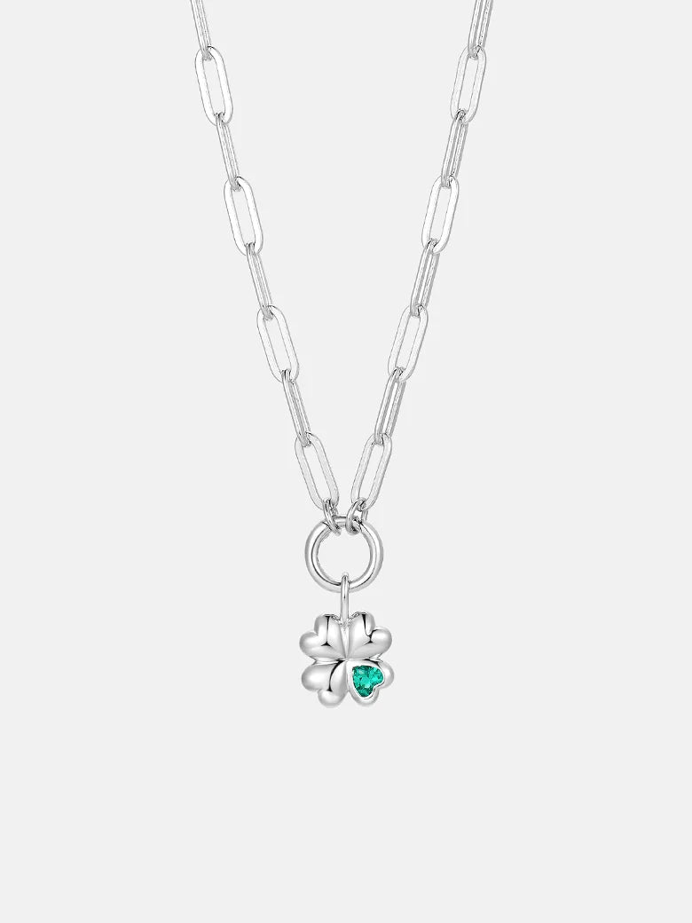 Silver Four Clover Emerald Charm Paperclip Necklace