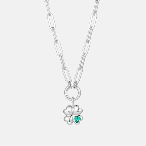 Silver Four Clover Emerald Charm Paperclip Necklace